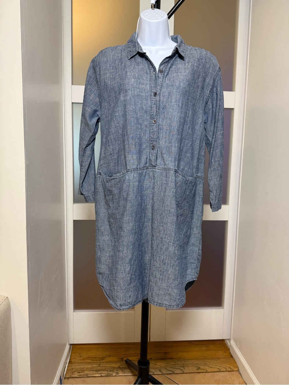 Eileen Fisher Blue Long Sleeve Shirt Dress, Hemp/Cotton size Small.
